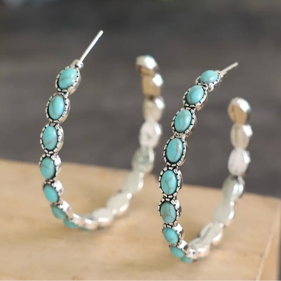 NEW Turquoise hoop earrings western style earrings boho chic jewelry, trendy - Picture 4 of 7